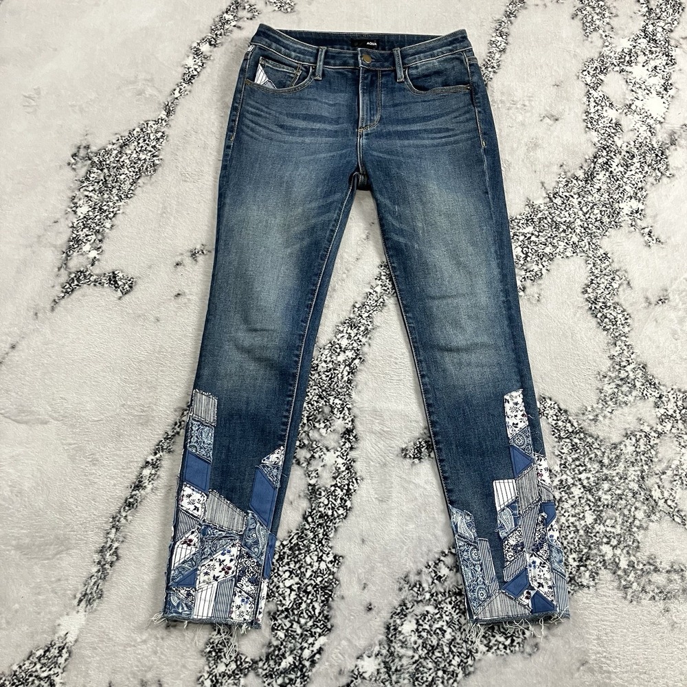 AQUA Patchwork Skinny Jeans Women's Size 27 Blue Stretch Raw Hem Bohemian Hippie